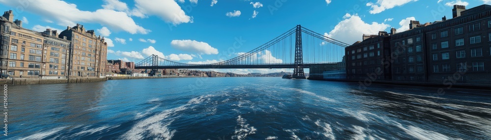 City bridge, waterway view, buildings, sunny day City bridge, waterway view, buildings, sunny day