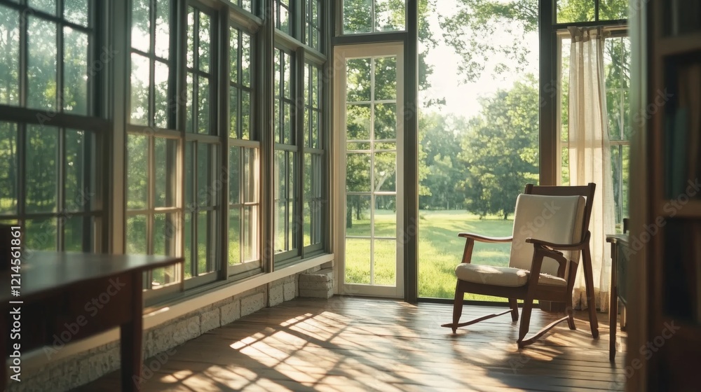 Sunlit room with rocking chair near large windows overlooking a green garden. Sunlit room with rocking chair near large windows overlooking a green garden.