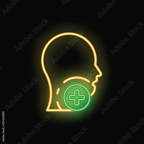 Neon sign depicting a side view of a human head with a glowing green medical cross on the thyroid area