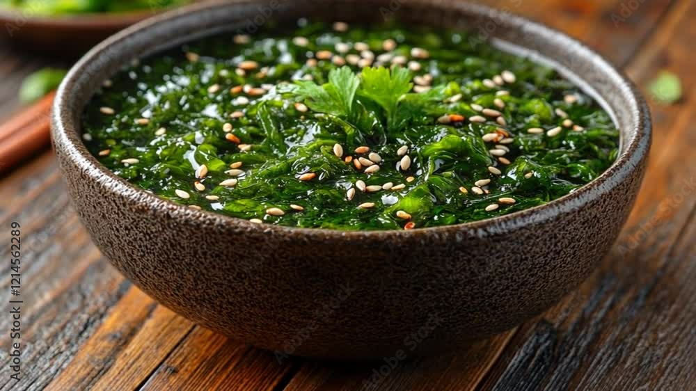 A bowl of green seaweed salad garnished with sesame seeds and herbs. A bowl of green seaweed salad garnished with sesame seeds and herbs.