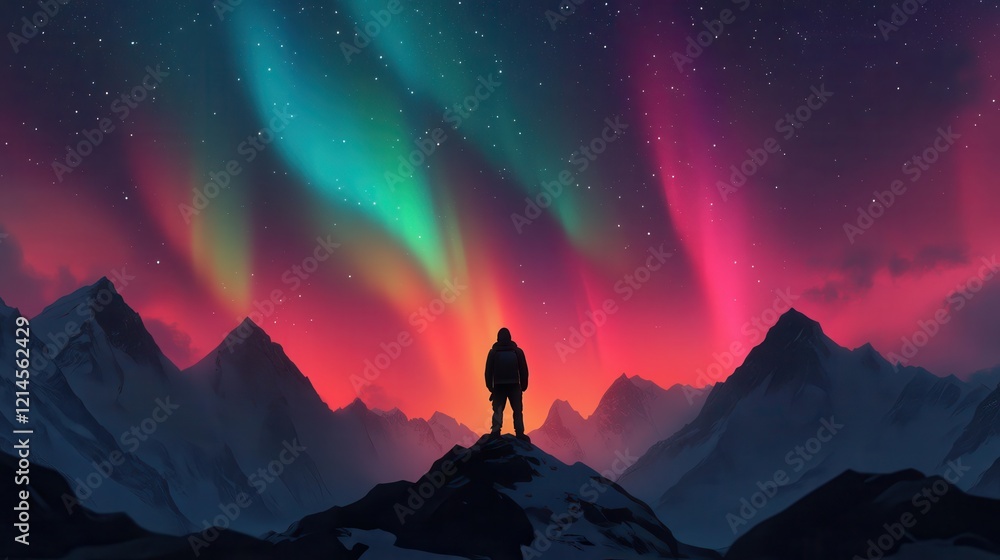 Spectacular polar night sky. Vibrant auroras illuminate a serene mountain landscape at dusk.
