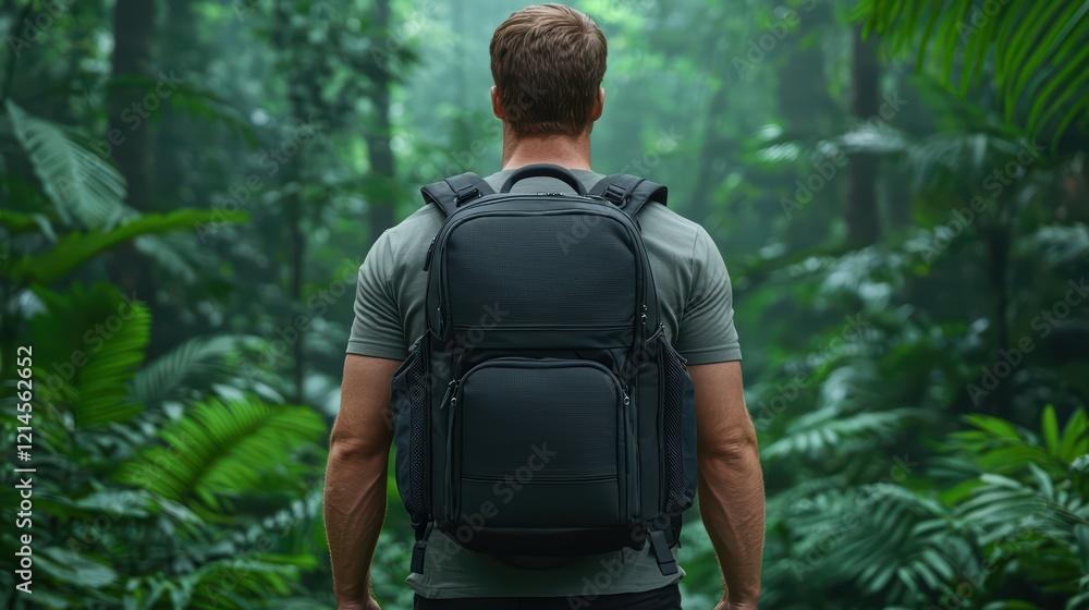 Man with Backpack in Lush Jungle Landscape Surrounded by Nature Man with Backpack in Lush Jungle Landscape Surrounded by Nature