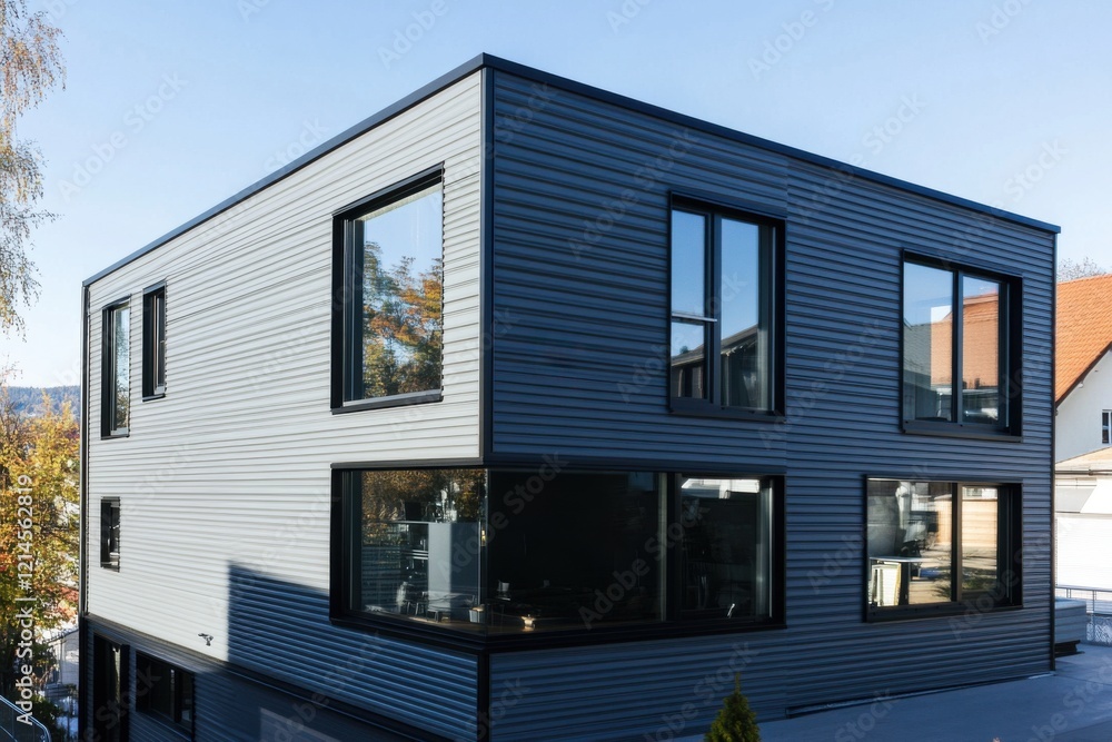 Modern architectural design featuring a sleek two-story residence with large windows in an urban neighborhood, surrounded by colorful autumn foliage during daylight