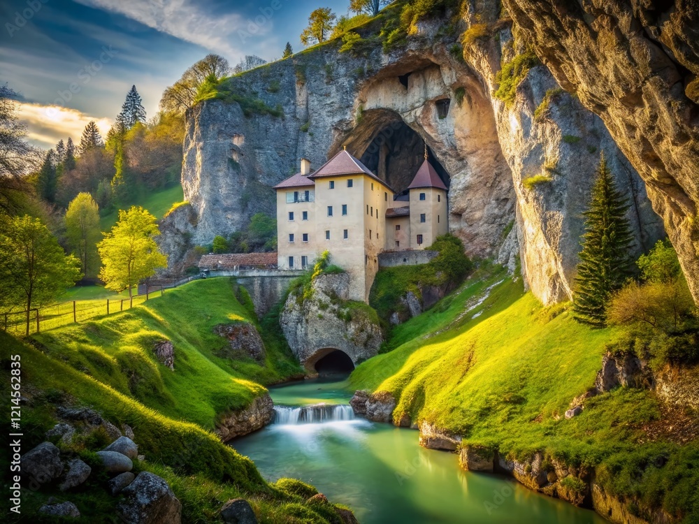Naklejka premium Predjama Castle Slovenia Springtime Long Exposure Photography - Majestic Cave Entrance