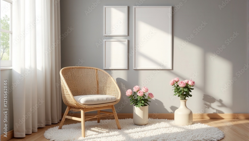 A plush white shaggy rug adorns a wooden floor, flanked by a sleek rattan chair against a soft gray backdrop—inviting warmth and elegance in harmony A plush white shaggy rug adorns a wooden floor, flanked by a sleek rattan chair against a soft gray backdrop—inviting warmth and elegance in harmony