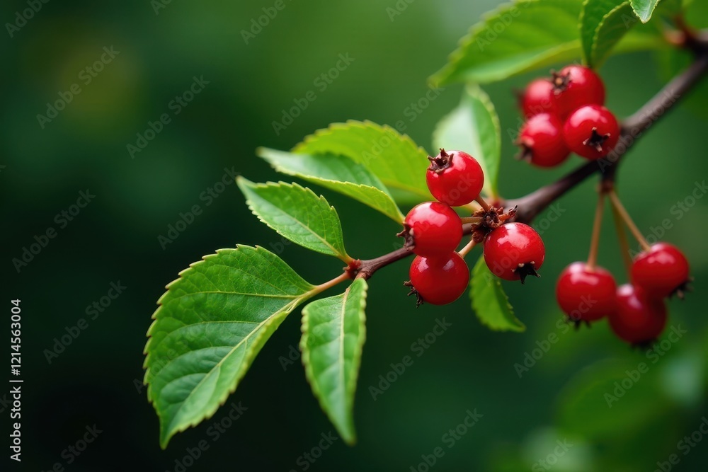 Curly cherry branch adorned with bright red berries and lush green foliage, summer garden, outdoors, cherry blossom Curly cherry branch adorned with bright red berries and lush green foliage, summer garden, outdoors, cherry blossom