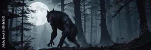 A menacing werewolf lurking in the dark forest under the full moon, creature, fear, forest photo