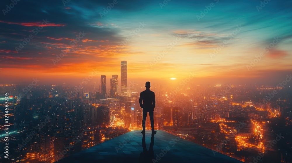 Fototapeta premium Man silhouette cityscape sunrise success ambition