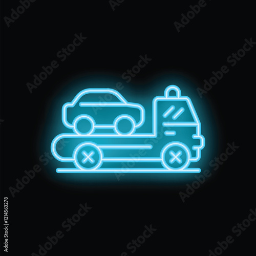 Blue neon style icon of a tow truck carrying a car, representing roadside assistance and vehicle recovery services