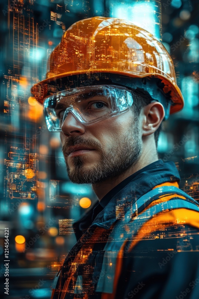 Portrait of a Construction Worker in Safety Gear with Futuristic Digital Overlay in Industrial Setting Portrait of a Construction Worker in Safety Gear with Futuristic Digital Overlay in Industrial Setting