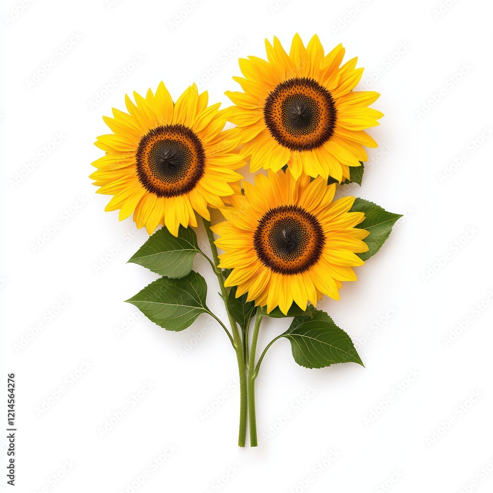 Fototapeta premium Three Bright Sunflowers with Green Leaves on White Background