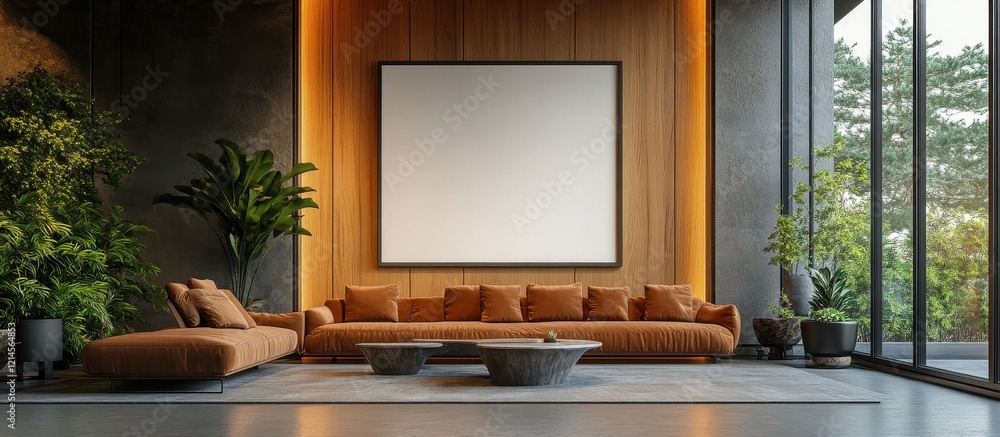 Fototapeta premium ** .Modern Living Room Interior with Large Sofa and Blank Canvas in Stylish Home Featuring Natural Light and Indoor Plants..**