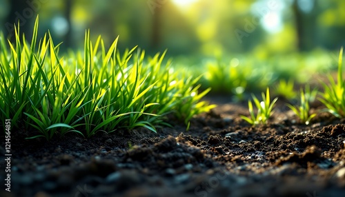 Vibrant Green Grass Shoots Emerging From Rich Soil