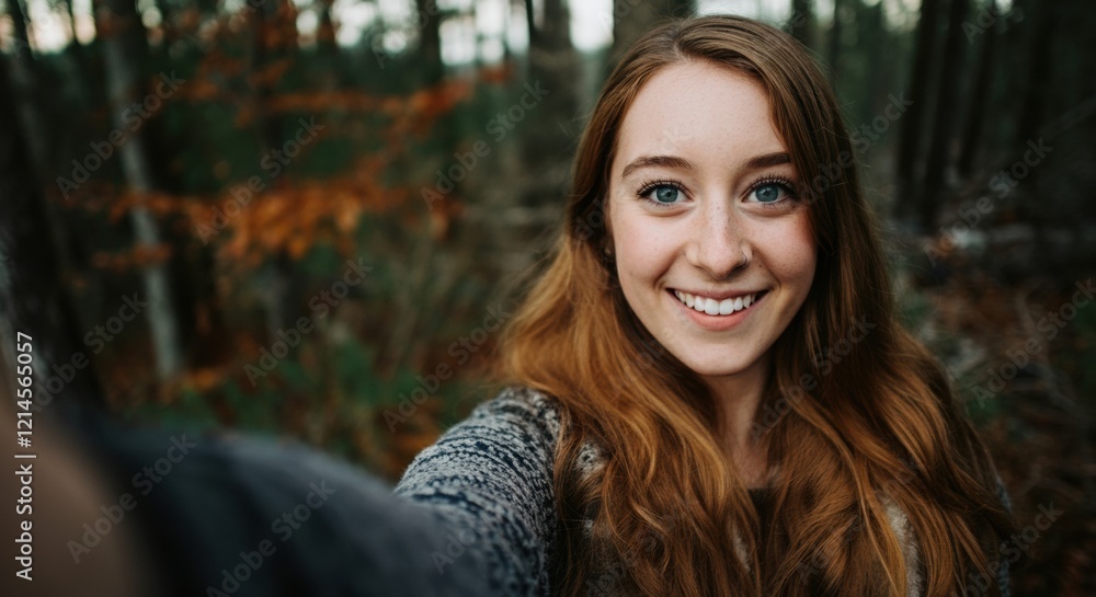 Smiling woman taking a selfie in a serene forest setting Smiling woman taking a selfie in a serene forest setting