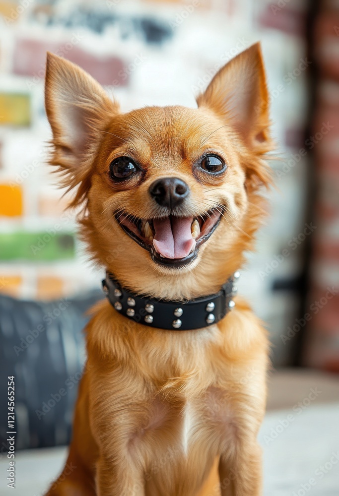Cute and Cheerful Chihuahua with Pointy Ears and Spiked Collar Sitting Against a Colorful Brick Wall, Perfect for Pet Lovers and Animal Enthusiasts Cute and Cheerful Chihuahua with Pointy Ears and Spiked Collar Sitting Against a Colorful Brick Wall, Perfect for Pet Lovers and Animal Enthusiasts