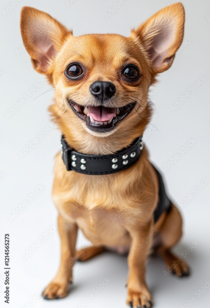 Cute and Playful Chihuahua Dog with Bright Eyes and Cheerful Expression Posing on White Background in Stylish Black Collar with Silver Studs Cute and Playful Chihuahua Dog with Bright Eyes and Cheerful Expression Posing on White Background in Stylish Black Collar with Silver Studs