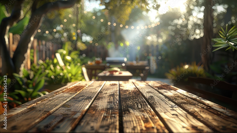 Wooden table with barbecue grill in the background surrounded by green nature for backyard picnic in warm sunshine. Wooden table with barbecue grill in the background surrounded by green nature for backyard picnic in warm sunshine.