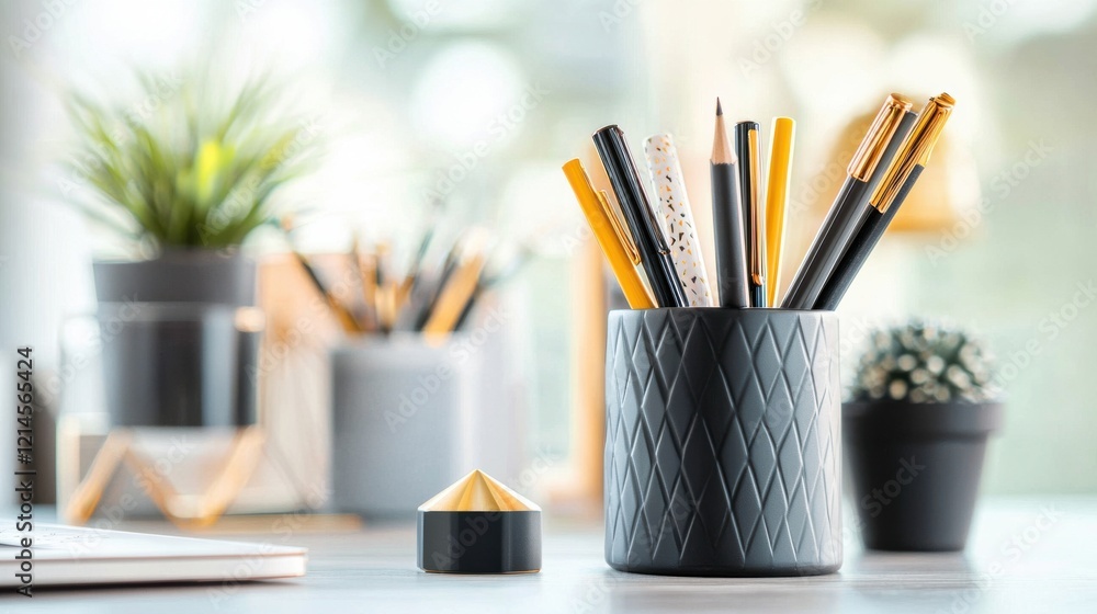 Obraz premium Neatly Arranged Stationery and Office Supplies on a Modern Desk