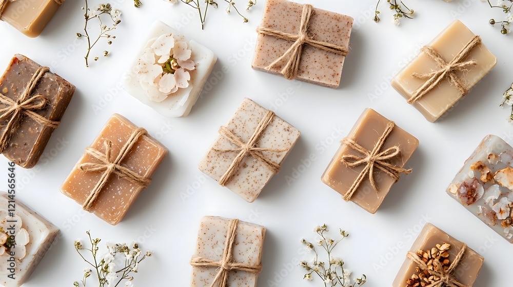 Fototapeta premium Handcrafted Organic Soap Bars with Eco-Friendly Packaging on White Background