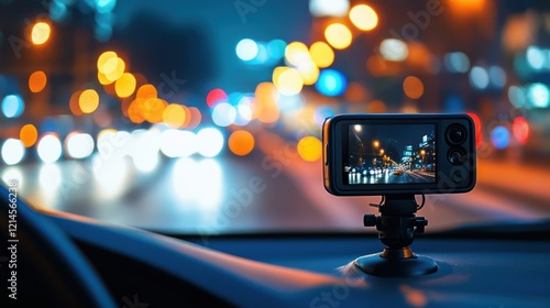 Nighttime dashcam recording city traffic