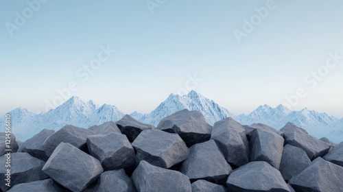 Rocky Path to Success: A rugged mountain range looms in the distance,  inspiring perseverance as a pathway of stacked boulders leads towards the horizon. photo