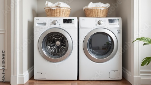 Elegant, matching white washers and dryers create harmony in a cozy room. The washer rests gracefully on rich brown wood flooring while its twin dryer stands sleekly against a pristine white backdrop photo