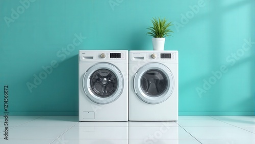 Side-by-side white washers and dryers on a pristine tiled floor, set against a vibrant turquoise backdrop, with delicate touches atop for elegance photo