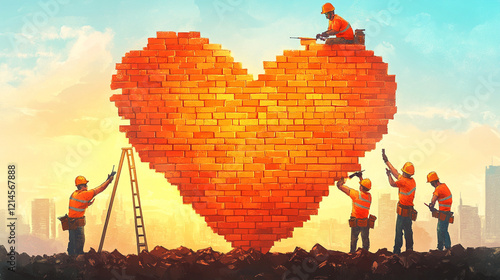 Construction workers happily building brick heart under sunshine, concept of love, care and commitment shown through their hard work
