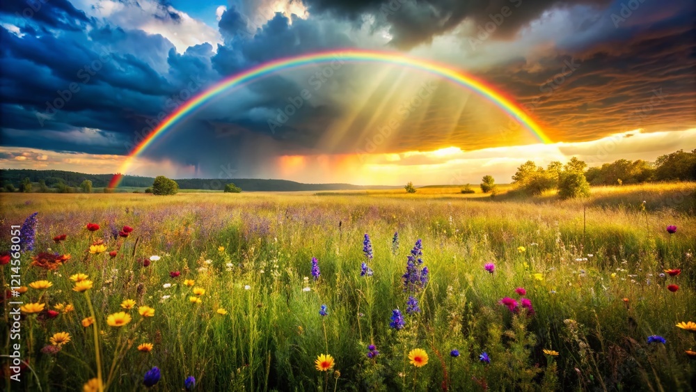 Naklejka premium Rainbow over Lush Green Field After Rain, Bokeh Effect Stock Photo