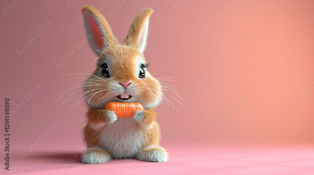 Obraz premium cute cartoon bunny holding carrot with oversized eyes and sweet smile is standing in front of pink background