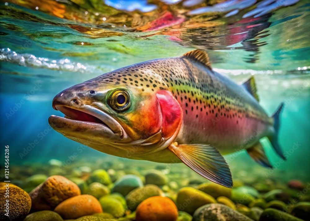 Rainbow Trout Underwater, Vivid Colors, Clear Water, Daylight, Fish Rainbow Trout Underwater, Vivid Colors, Clear Water, Daylight, Fish