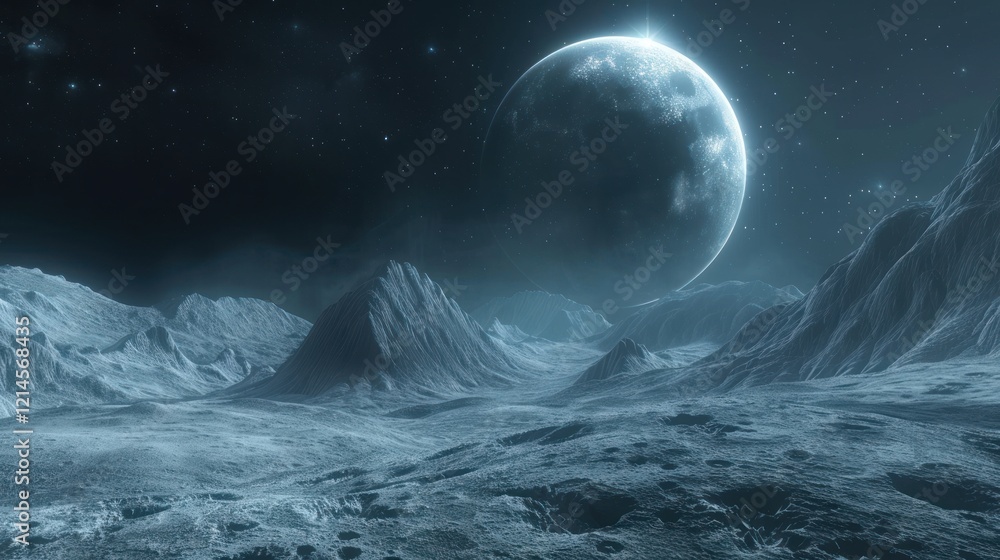 Fototapeta premium A dark futuristic alien landscape with rugged mountains under a night sky, with a large satellite in the sky.