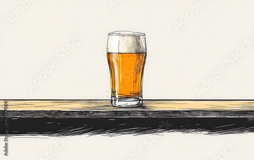 Hand-drawn illustration of beer glass on wooden counter photo