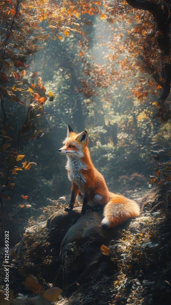 Obraz premium Red Fox Resting on Rock in Autumn Forest