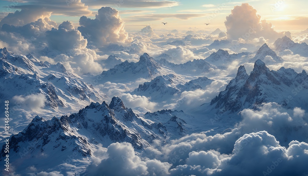 Naklejka premium Stunning Aerial View of Snow Covered Mountains and Clouds
