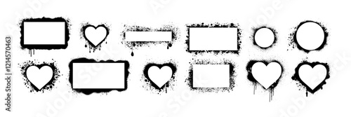 Graffiti frame ink set, vector grunge urban border, spraypaint liquid effect box, heart silhouette. Street art dripped edge square banner abstract liquid spray design object. Graffiti frame collection