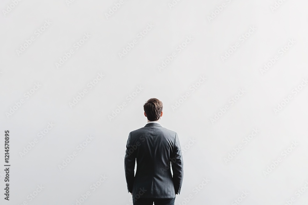Back view of standing businessman looking stock market graph on white background