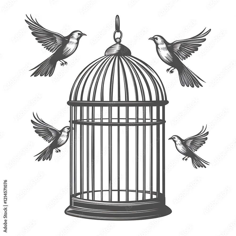 Fototapeta premium Birds escaping from a vintage cage. illustration. Graphic Design