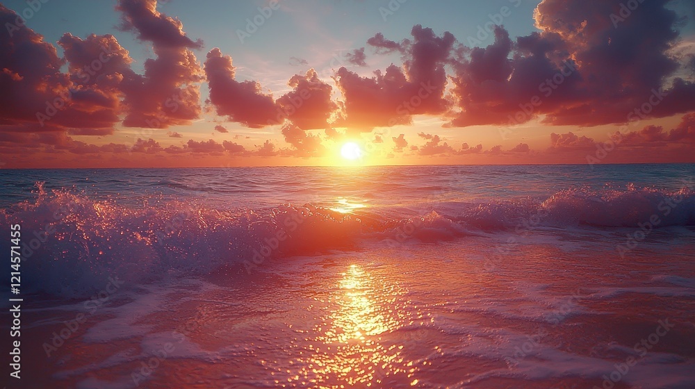 Vibrant sunset over ocean waves on sandy beach.