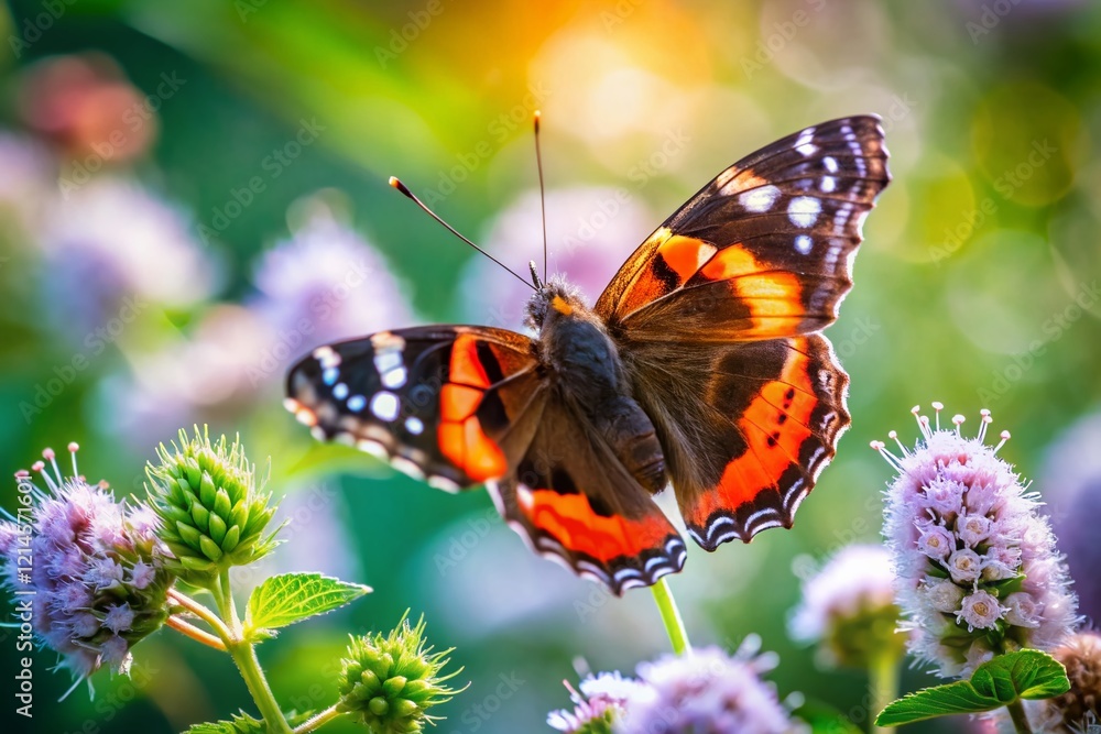 Red Admiral Butterfly on Mint Flower with Bokeh Background - Stock Photo Red Admiral Butterfly on Mint Flower with Bokeh Background - Stock Photo