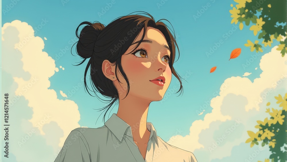 Young Asian woman in a light blue collar, her hair in a neat bun. A serene backdrop of pale blue sky dotted with fluffy white clouds Young Asian woman in a light blue collar, her hair in a neat bun. A serene backdrop of pale blue sky dotted with fluffy white clouds