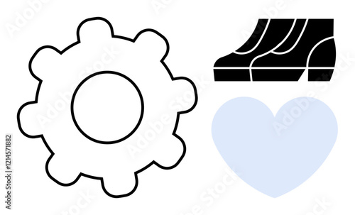 Mechanical gear, staircases, and heart icon suggest integration of technology with human progress and emotions. Ideal for technology, progress, emotions, integration, innovation, synergy