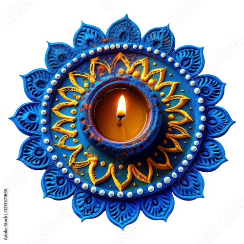 Vibrant Decorative Diya with Intricate Design and Candle Flame photo