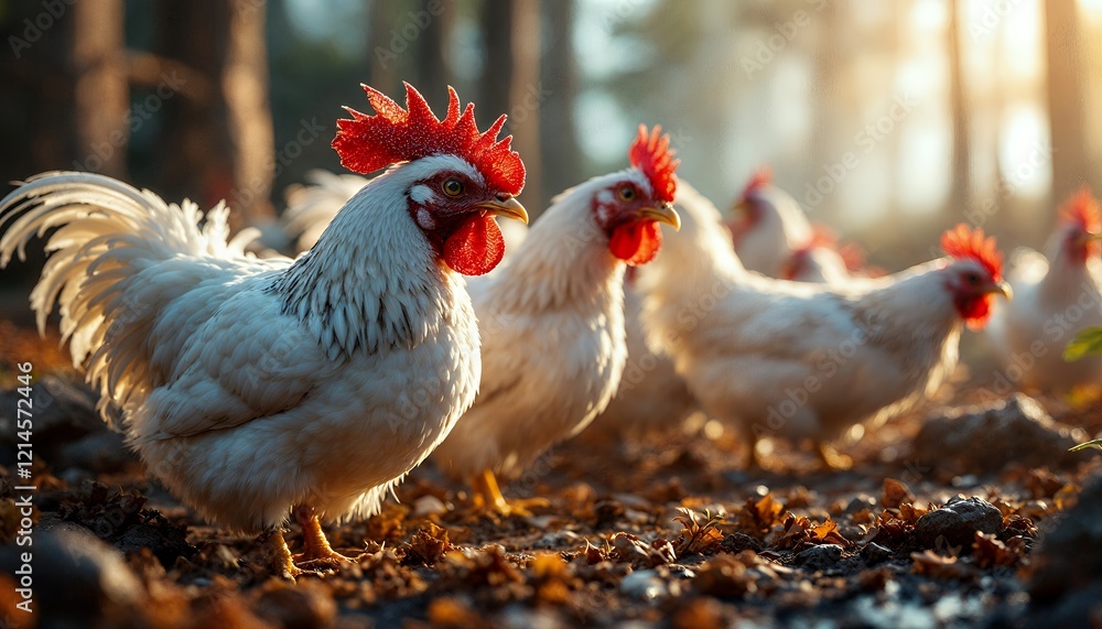 Majestic White Roosters at Sunrise Farm Scene Majestic White Roosters at Sunrise Farm Scene
