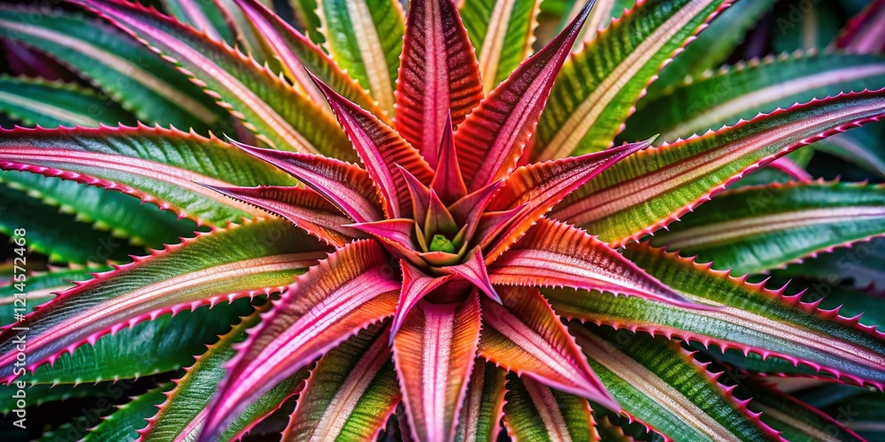 Aerial Close-Up of Cryptanthus Elaine, Vivid Bromeliad, Exotic Plant, Top View Aerial Close-Up of Cryptanthus Elaine, Vivid Bromeliad, Exotic Plant, Top View