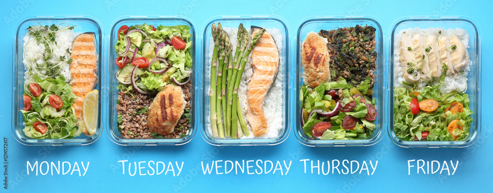 Different healthy meals in containers organized by days of week on light blue background, top view. Daily ration Different healthy meals in containers organized by days of week on light blue background, top view. Daily ration