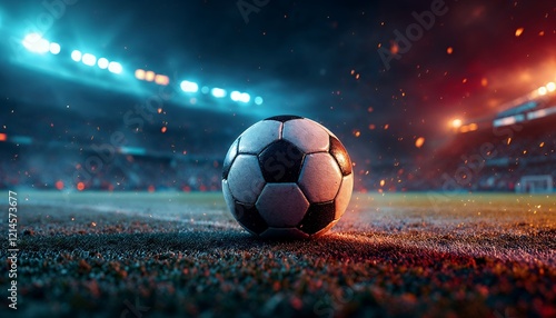 Soccer Ball on Stadium Field Night Dramatic Image
