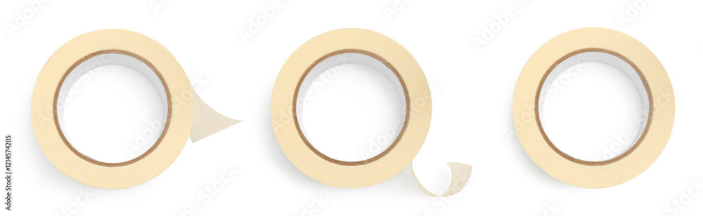 Adhesive tape, set. Rolls isolated on white, top view Adhesive tape, set. Rolls isolated on white, top view