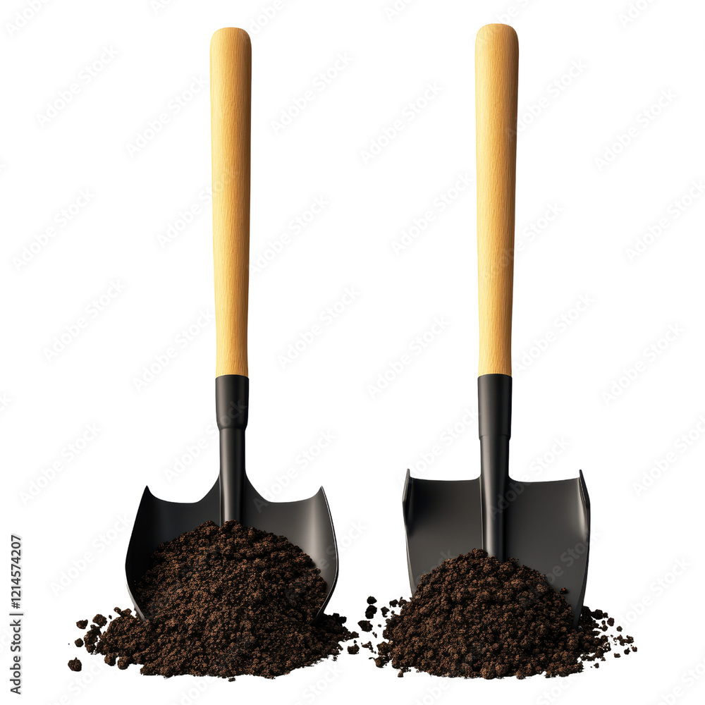 Two Garden Shovels with Fresh Soil Piles on Isolated Background Two Garden Shovels with Fresh Soil Piles on Isolated Background