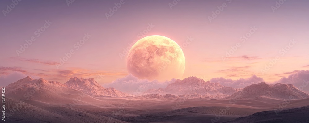 A serene landscape with a large moon over distant mountains. A serene landscape with a large moon over distant mountains.